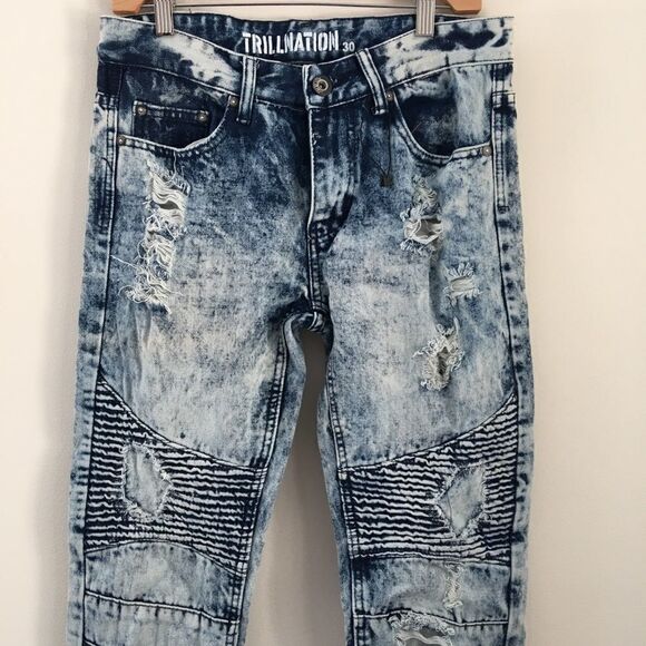 Trillnation Men’s Low Rise Acid Wash Moto Jeans | 30 - Picture 1 of 7